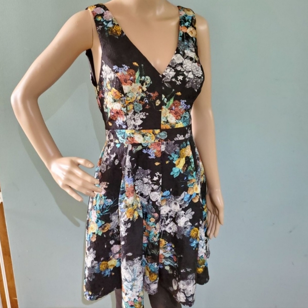 LUSH Floral Skater Black Dress Size Medium